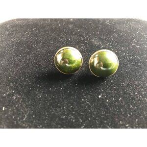 Vtg Gold Colored Cufflinks with Round Green Swirled Rhinestone by Swank